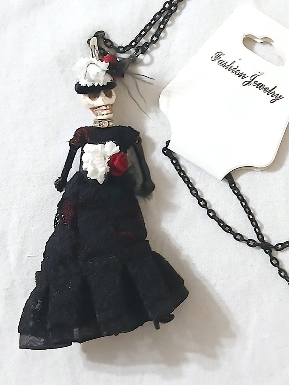 Gothic Skeleton Lady Necklace Black Lace Dress Red Rose 4" Pendant 28" Chain